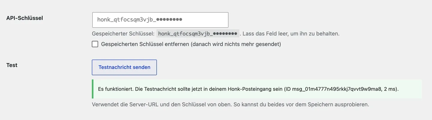 Die Antwort auf „Testnachricht senden“: Es funktioniert, mit der ID der Nachricht.
