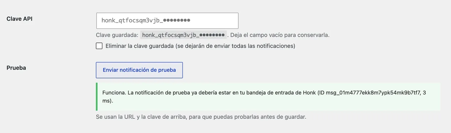 La respuesta a «Enviar notificación de prueba»: funciona, con el ID del mensaje.
