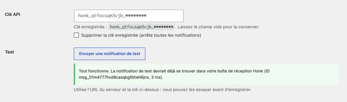 La réponse à « Envoyer une notification de test » : tout fonctionne, avec l’identifiant du message.