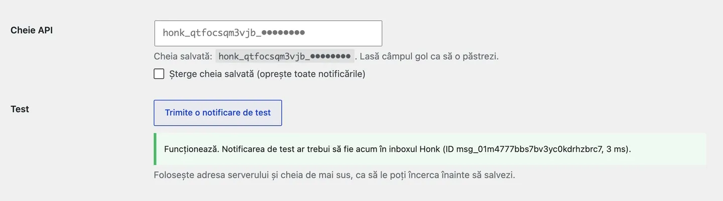 Răspunsul la „Trimite o notificare de test”: funcționează, cu ID-ul mesajului.