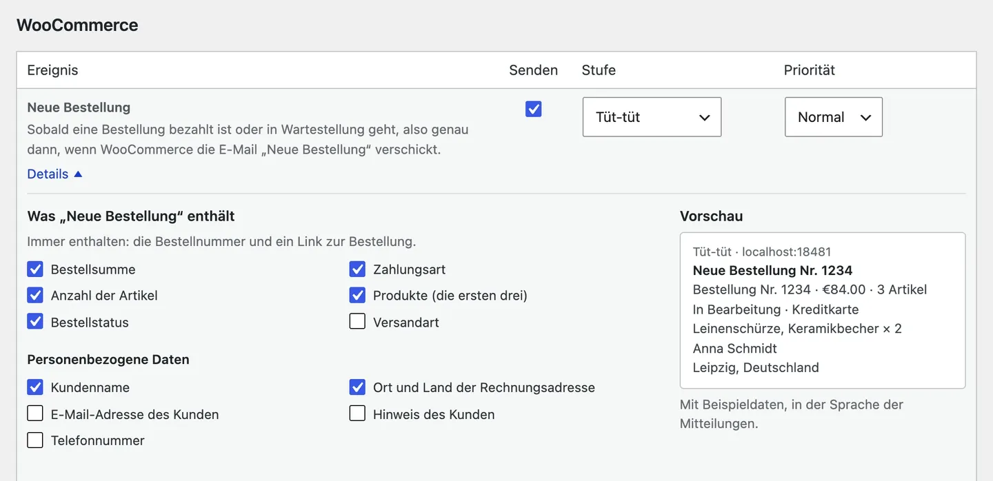 Die Details von „Neue Bestellung“: die Kästchen und die Vorschau der Mitteilung.