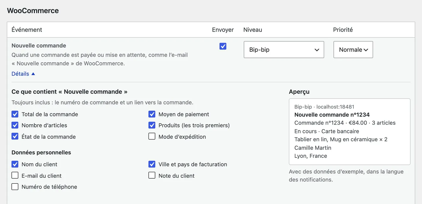 Les détails de « Nouvelle commande » : les cases à cocher et l’aperçu de la notification.